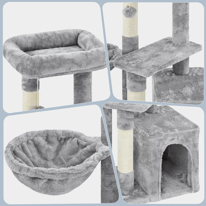 34In Small Cat Tree W/Condo & Basket for Indoor Cats, Light Gray