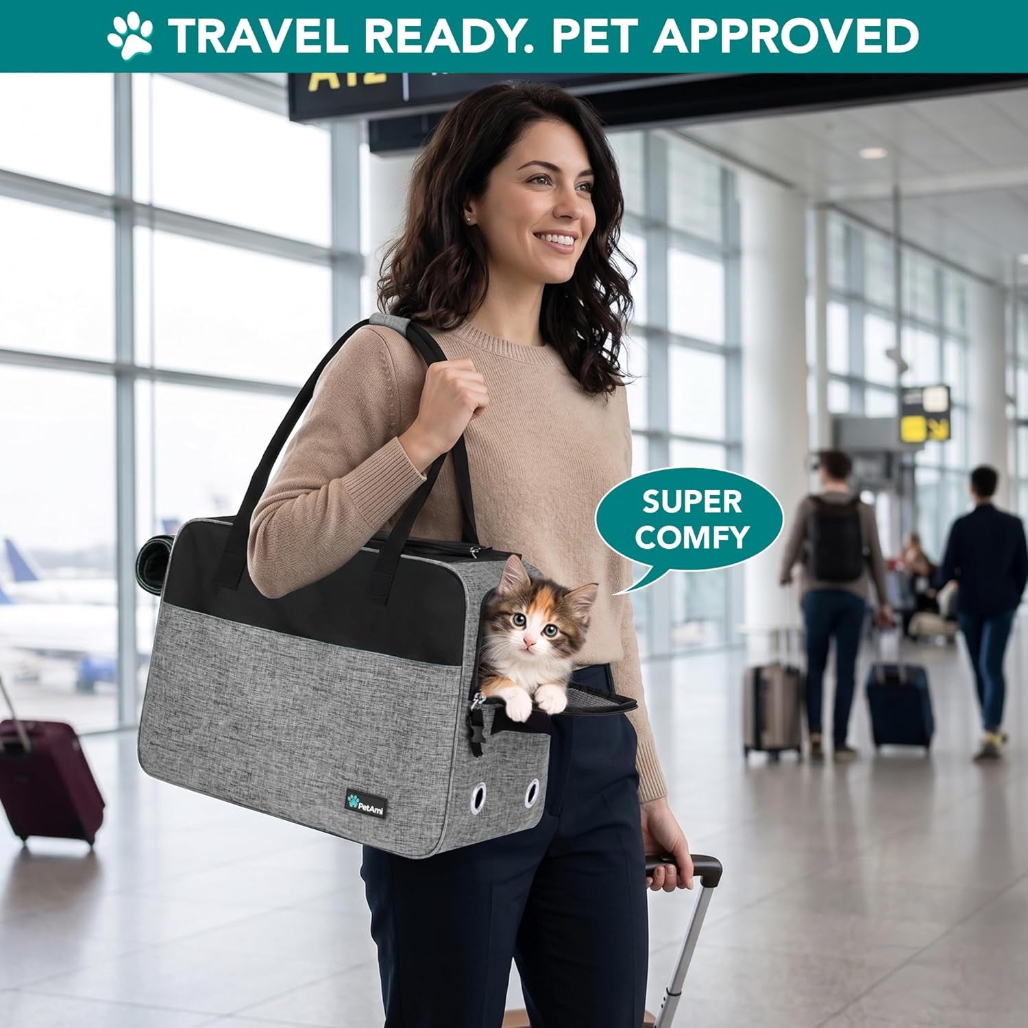 Small Dog Purse Carrier with Pockets, Airline Approved, Grey