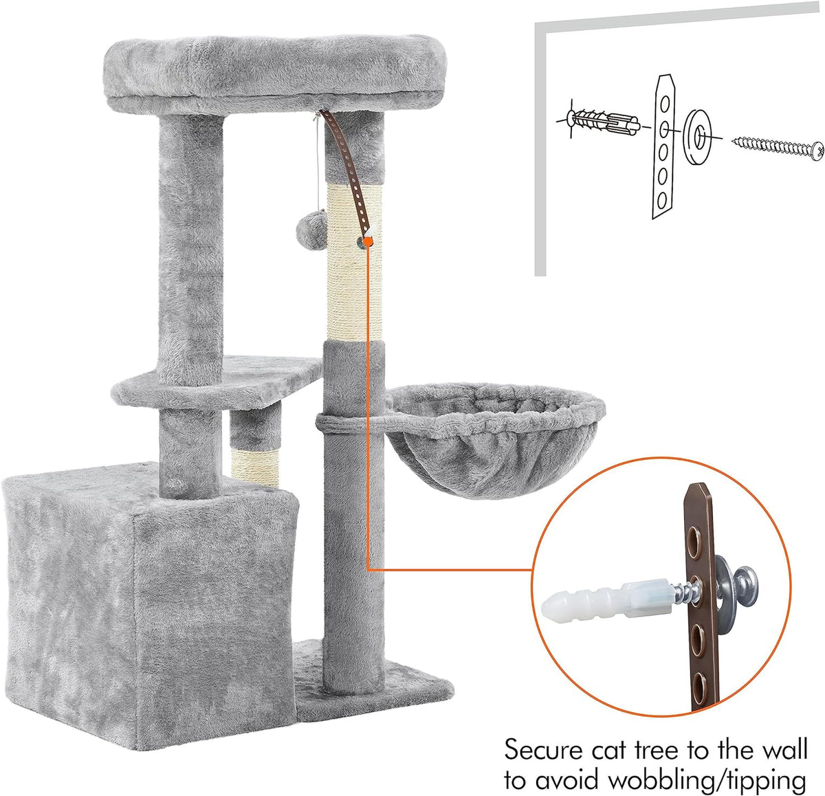 34In Small Cat Tree W/Condo & Basket for Indoor Cats, Light Gray