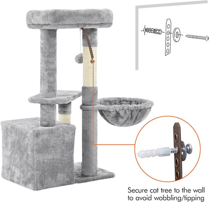 34In Small Cat Tree W/Condo & Basket for Indoor Cats, Light Gray