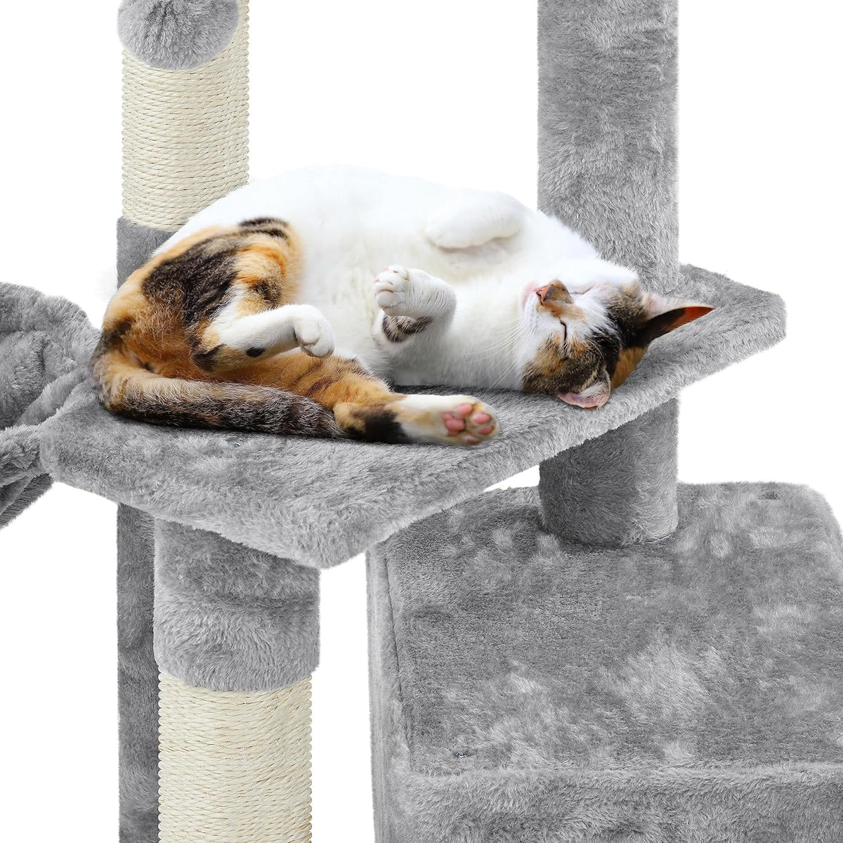 34In Small Cat Tree W/Condo & Basket for Indoor Cats, Light Gray