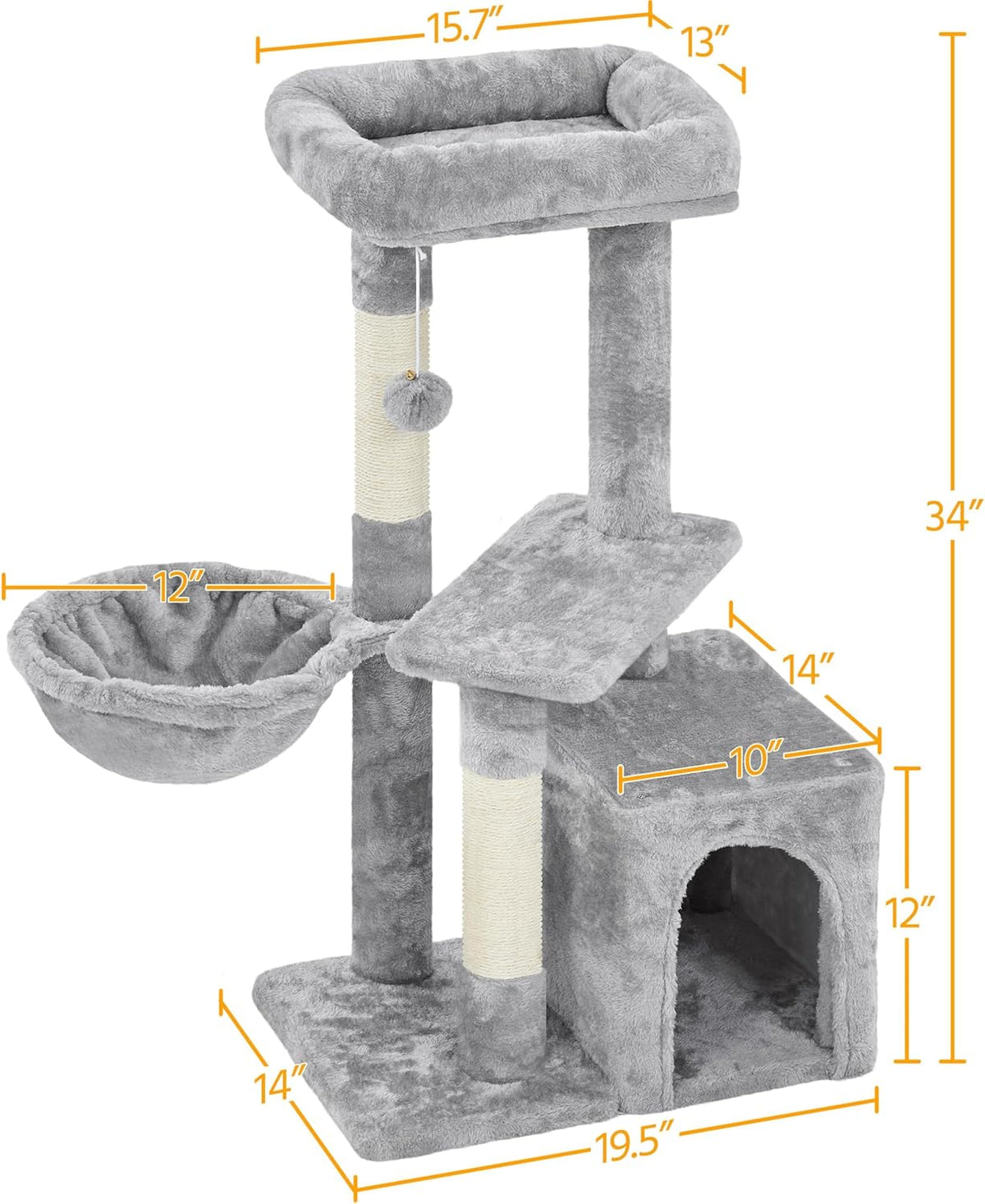 34In Small Cat Tree W/Condo & Basket for Indoor Cats, Light Gray