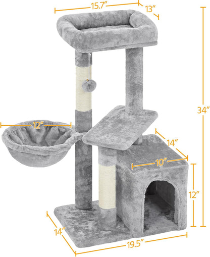34In Small Cat Tree W/Condo & Basket for Indoor Cats, Light Gray