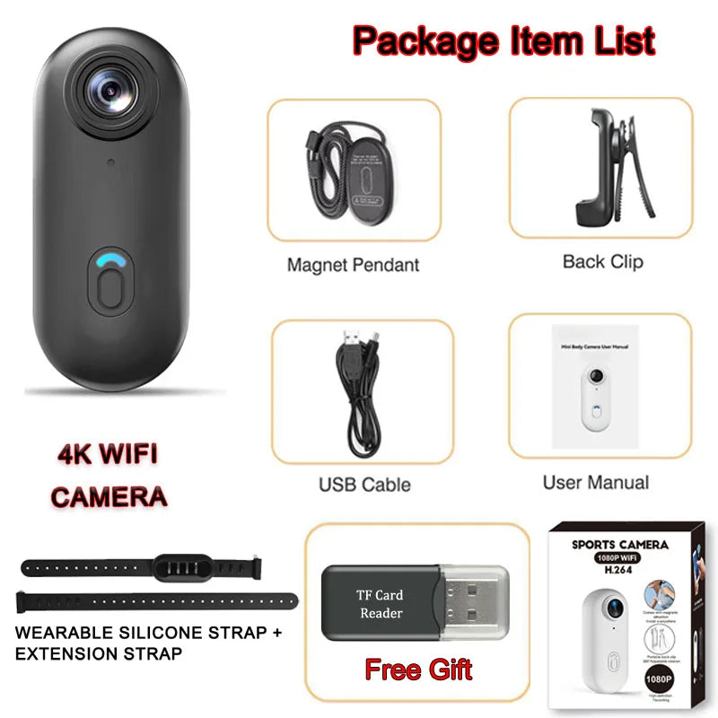 4K HD Mini Pet Collar Camera Wide Angle Lens 1080P FHD Portable Dog Cat Neck Camera Vlog Sport Action Body Wifi Video Recording