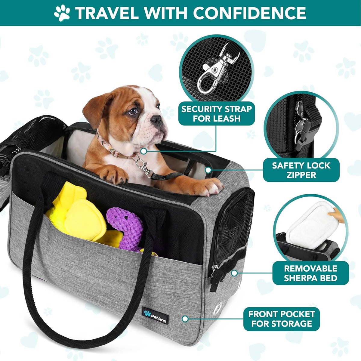 Small Dog Purse Carrier with Pockets, Airline Approved, Grey