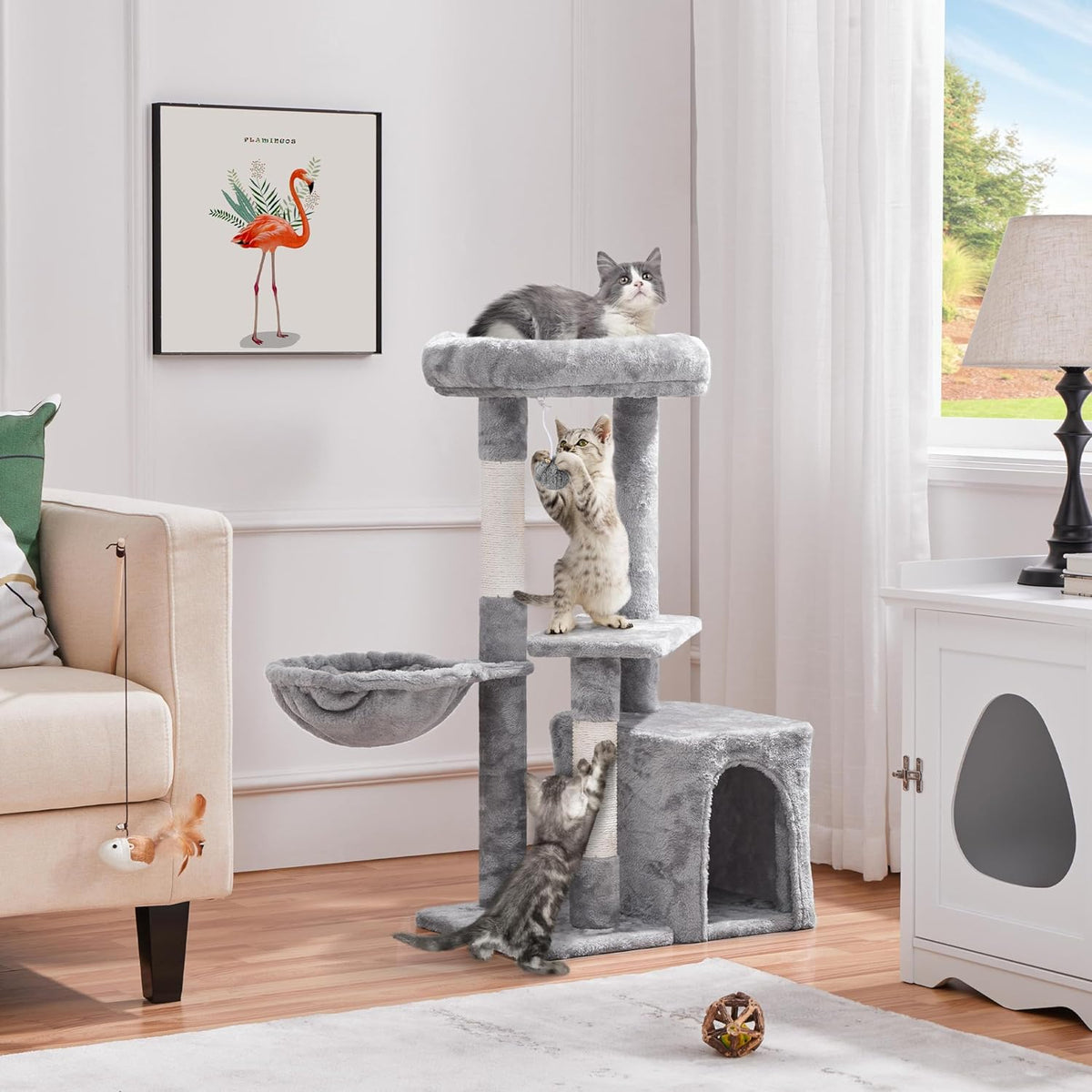 34In Small Cat Tree W/Condo & Basket for Indoor Cats, Light Gray